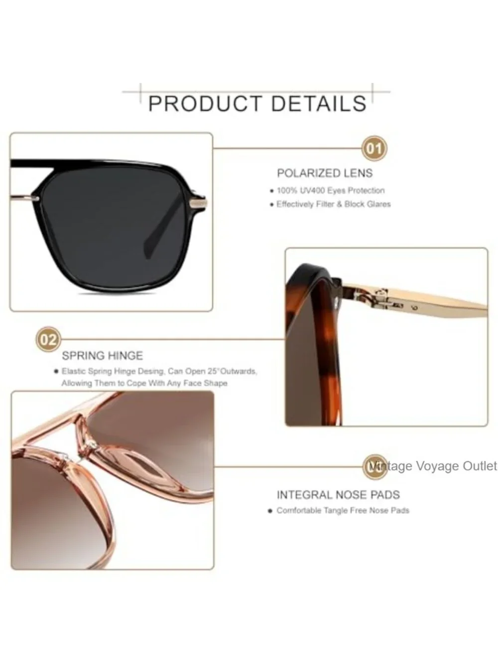 Polarized Square Aviator Sunglasses UV400 Retro Double Bridge Plastic Frame